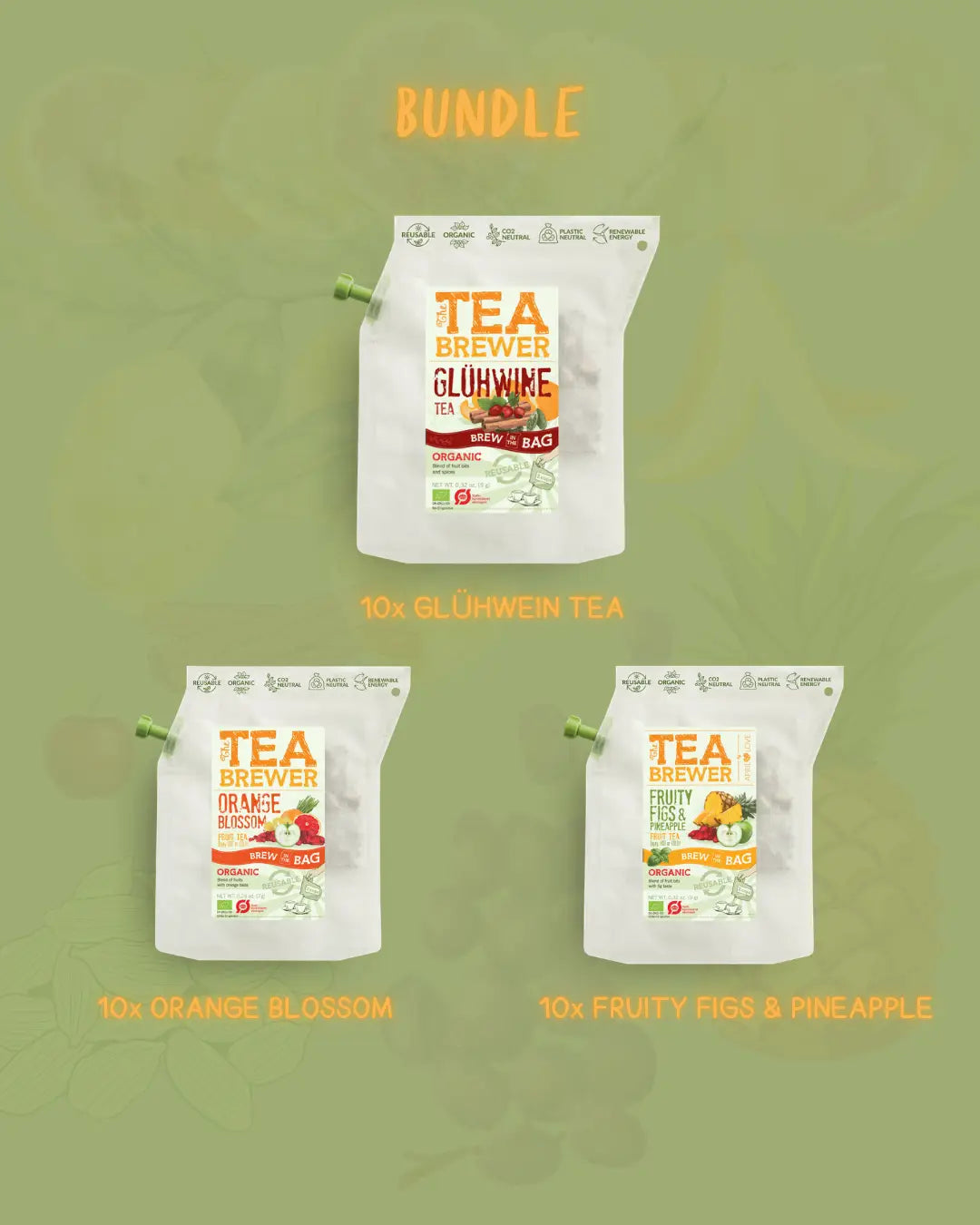 Brew Blend Teabrewer Bundle featuring three tea varieties: Glühwein, Orange Blossom, and Fruity Fresh, with vibrant packaging