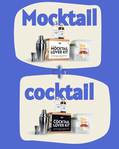 Brew Blend Cocktail and Mocktail Lover Kit – Non-Alcoholic, featuring mixers, shaker, and ingredients for drinks.