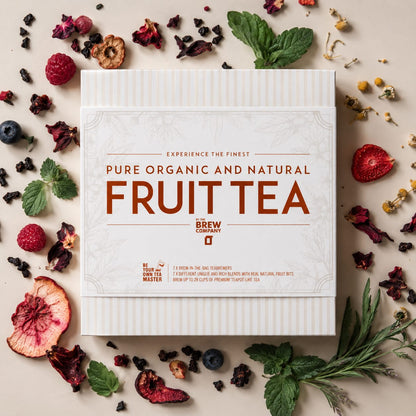 Brew Blend Bio Früchtetee Geschenkbox with 7 reusable tea brewers, featuring dried fruits and herbs for natural tea infusion.